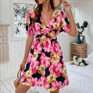 Summer Floral Puff Sleeve Lightweight Dress Pink Pearl Fake Buttons 4 Small NWOT